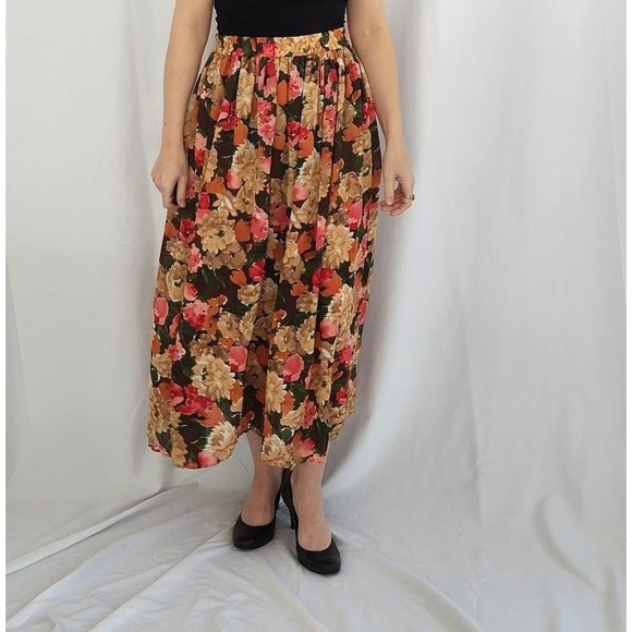 90s Pink and Tan‎ Floral Maxi Skirt - Picture 1 of 4